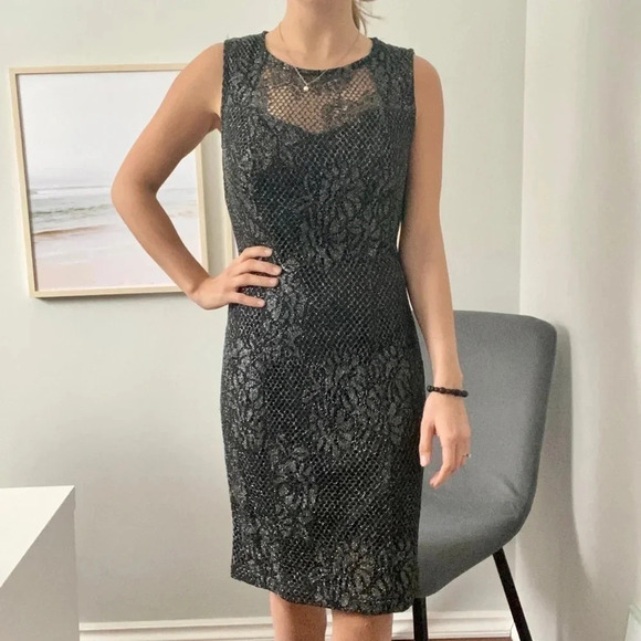 Black & Silver Floral Mesh Sophia Fitted Cocktail New's Year Dress Size M - Picture 3 of 14